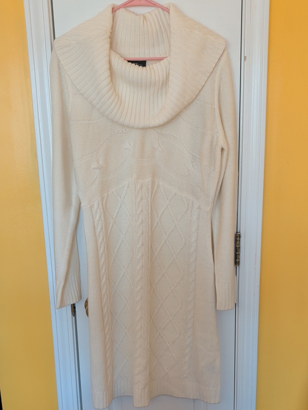 Cream Cable-Knit Cowl Neck Sweater Dress